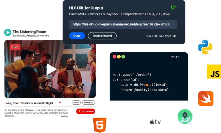 HLS live streaming with adaptive delivery across devices including Video.js, ExoPlayer, iOS, Android, and Smart TVs powered by Livepush.