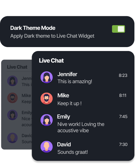 Live Stream Chat interface shown in light and dark themes beside a video player for seamless visual integration.