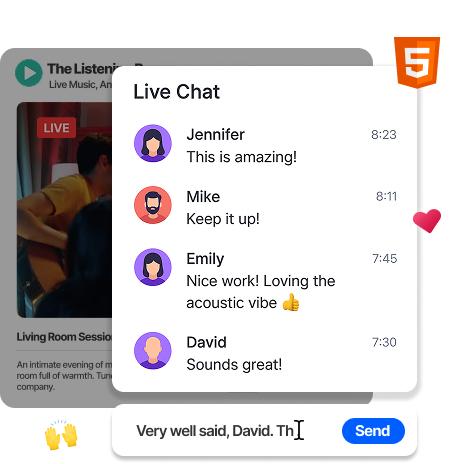 HLS live streaming with adaptive delivery across devices including Video.js, ExoPlayer, iOS, Android, and Smart TVs powered by Livepush.