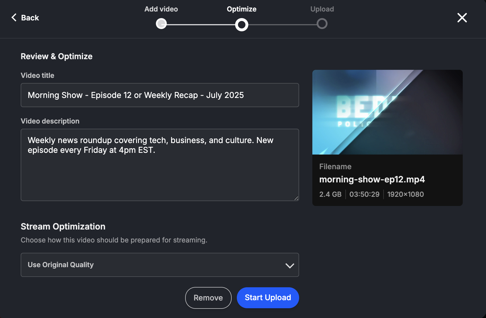 Livepush video upload optimization screen with title, description, and stream quality controls